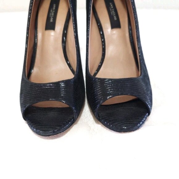 Ann Taylor Leather Peep Open Toe Pumps Heels Shoes 6 M Textured Black Slip On - Picture 7 of 9